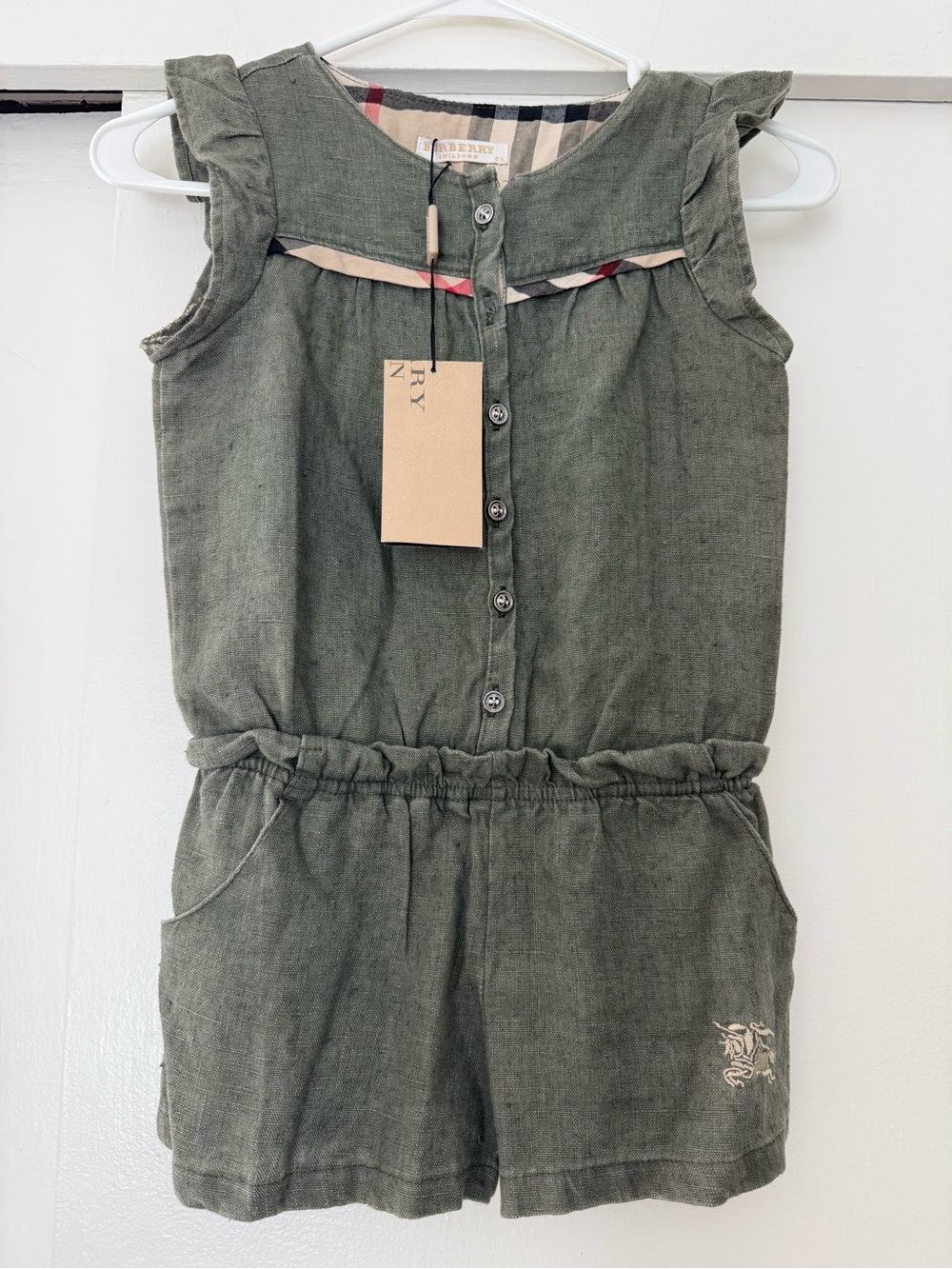 Burberry Olive Green Girls' Linen Blend Romper with Check Trim